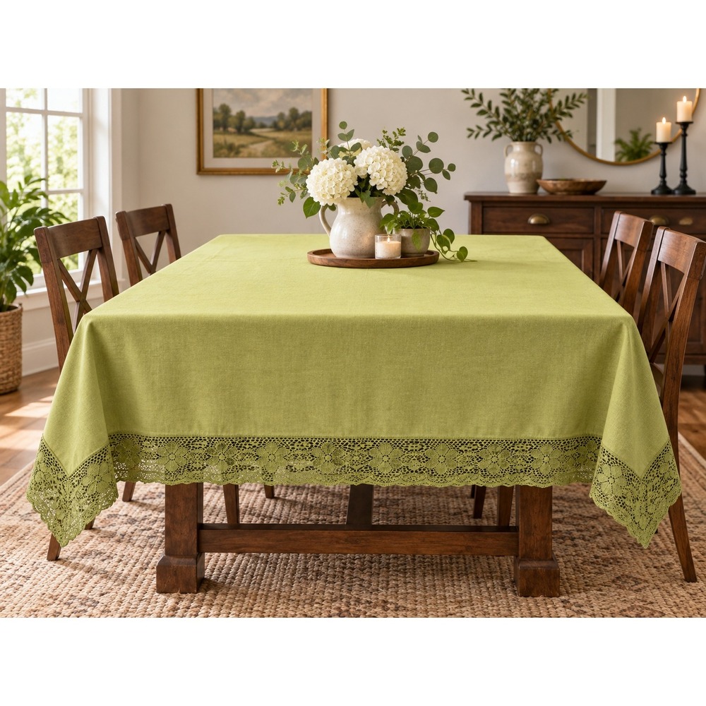 Vintage Tablecloth Avocado Green 70s Floral Lace Trim 64x100 Rectangle